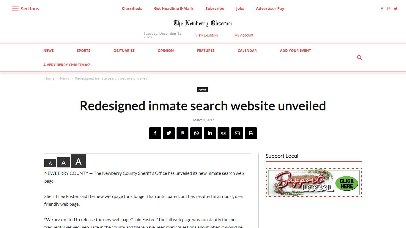 Redesigned inmate search website unveiled | Newberry Observer